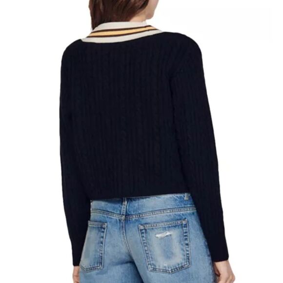 Sandro Contrast Stripe Cashmere Blend Cable Knit Sweater - Picture 4 of 9